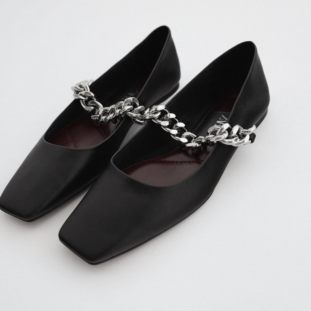 NWT ZARA Flat Black Leather Shoes with Chain 6 Blogger Rocker Ballerinas…